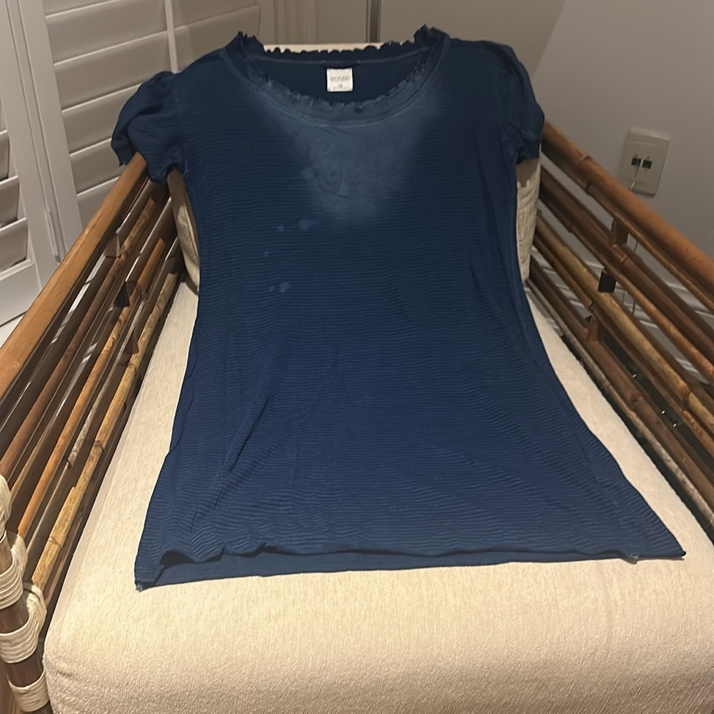 GM Studio Blue Ruffled Top. This is a purposely distressed looking top.